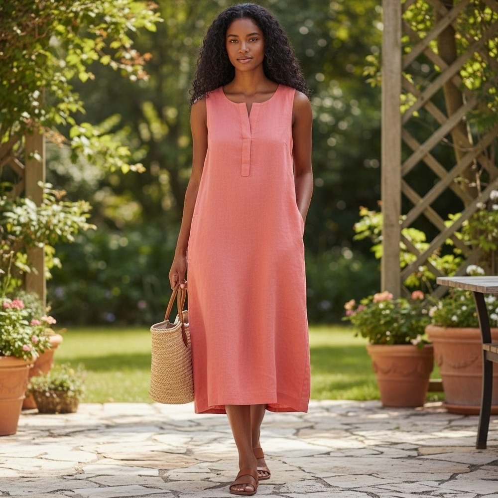 Banana Republic Womens Sz 6 Linen Midi Dress - Quiet Luxury Minimalist Coral